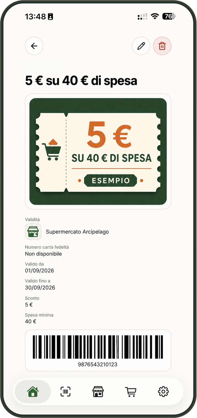 Schermata dimostrativa del dettaglio di un coupon con validità, sconto, spesa minima e codice a barre inventati